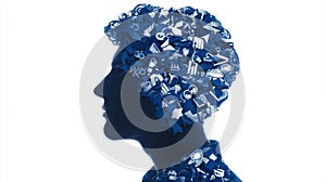 Creative Visualization of a Human Head Filled With Various Icons Representing Ideas, Technology, and Innovation
