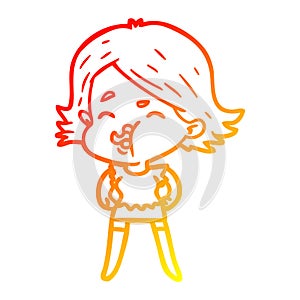 A creative warm gradient line drawing cartoon girl pulling face