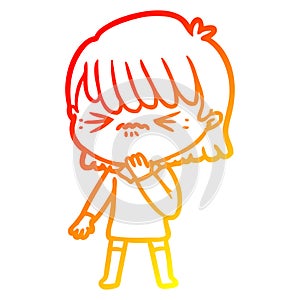 A creative warm gradient line drawing cartoon girl regretting a mistake