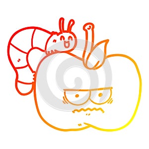 A creative warm gradient line drawing cartoon grumpy apple and caterpillar