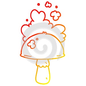 A creative warm gradient line drawing cartoon mushroom with spore cloud