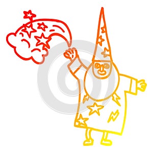 A creative warm gradient line drawing cartoon wizard casting spell