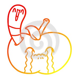 A creative warm gradient line drawing cartoon worm eating an apple