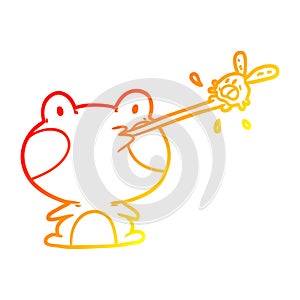 A creative warm gradient line drawing cute frog catching fly with tongue
