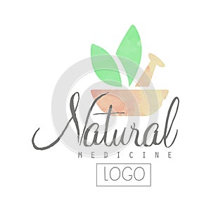 Creative watercolor logo with pestle, mortar and green leaves. Alternative medicine with use of herbal remedies. Natural