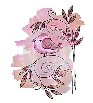 Creative watercolor painting of a chick sitting on a stem with leaves and curls against a background of a pink shapeless paint