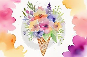 A creative watercolor painting of an ice cream cone filled with colorful flowers