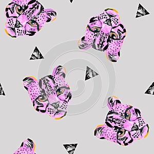 Creative watercolor wild cat ococelot muzzle on white background. Exotic wild animal seamless pattern