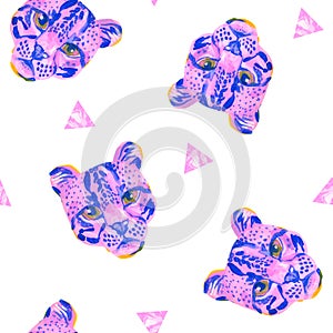 Creative watercolor wild cat ococelot muzzle on white background. Exotic wild animal seamless pattern