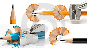 Creative ways to sharpen pencils with a variety of tools and techniques shown isolated on white background