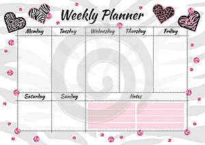 Creative weekly planner with heart animal texture and pink glitter sparkles.