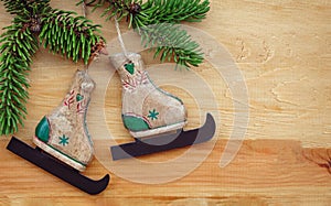 Creative winter composition with decorative toy skates