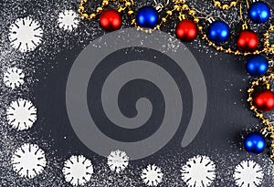 Creative winter snowflakes from powdered sugar background. Christmas and New Year backgrounds.