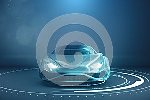 Creative wireframe sports car on blue background with mock up place on wall. Racing and design concept.
