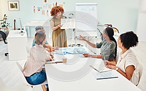 Creative woman, fashion and drawing in startup, presentation or meeting for ideas at the office. Female person or
