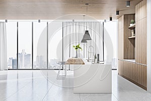 Creative wood and concrete kitchen interior with island, appliances and window with city view and daylight.