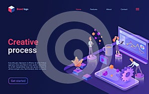 Creative work analysis process concept isometric landing page, business office technology