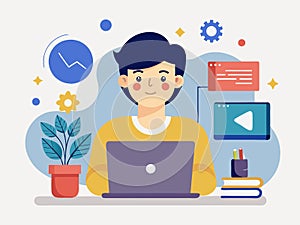 Creative Work Illustration Man with Laptop and Design Elements