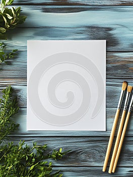 Creative workspace with blank canvas and paintbrushes on rustic wooden table ready for artistic expression. Generative photo
