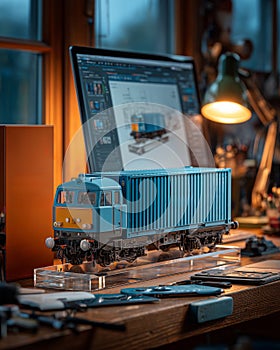 Creative workspace with a blue train model and digital design