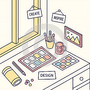 Creative Workspace with Color Palettes, Pencils, and Inspirational Signage photo