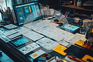 Creative workspace design office digital art productive environment overhead view innovative concepts for designers photo