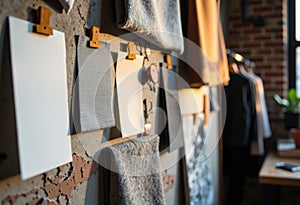 Organized workspace with fabric samples and notes hanging on a wall in a cozy