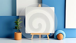 Creative workspace featuring blank canvas, potted plant, and artistic decor elements