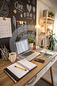 Creative workspace with computer desk and accessories