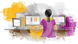 Creative Workspace with Female Professional Analyzing Data on Multiple Screens and Charts