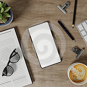 Creative Workspace Flat Lay with Smartphone and Coffee 3D Render