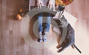 Creative workspace: girl working at the computer assisted by her