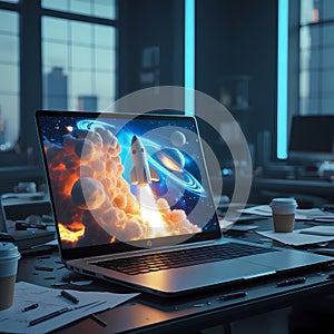 Creative Workspace with Laptop Displaying Rocket Launch in Neon Light Ambience