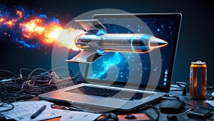 Creative Workspace with Laptop Displaying Rocket Launch in Neon Light Ambience