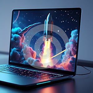 Creative Workspace with Laptop Displaying Rocket Launch in Neon Light Ambience