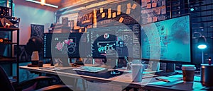 Creative Workspace: Modern Desk Setup with Multiple Monitors for Design and Development