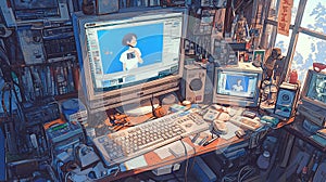Creative workspace showcasing vintage computer setup for artistic and digital work