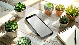 Creative Workspace with Smartphone Mockup and Succulents