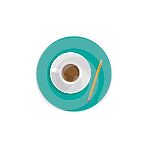 Creative writer workplace icon. cup of coffee and pencil in turquoise circle.