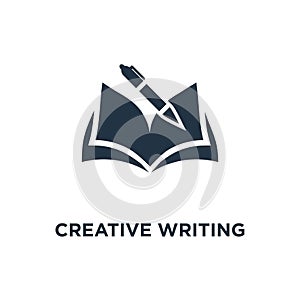 creative writing and storytelling icon. education concept symbol design, opened book, school study, learning subject, book review