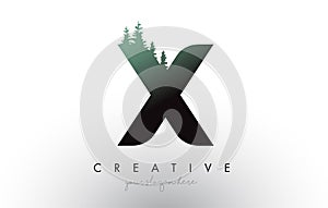 Creative X Letter Logo Idea With Pine Forest Trees. Letter X Design With Pine Tree on Top