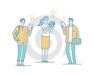 Creative young people. Teenagers reading books, students finding solutions. Man woman have new ideas vector illustration