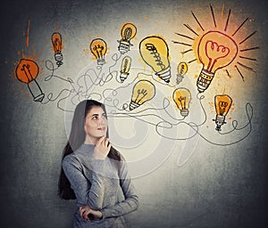 Creative young woman thinking of great ideas, looking at bright lightbulb sketches on the wall. Smart and ingenious student girl photo
