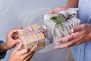 Creative zero waste Christmas concept, Japanese style furoshiki gift box