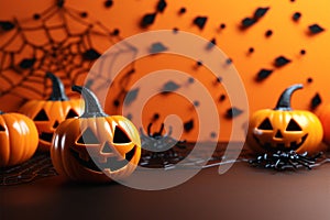 Creatively arranged Halloween decor on an orange paper table background from above