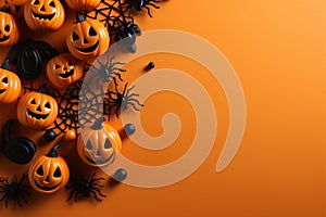 Creatively arranged Halloween decor on an orange paper table background from above