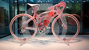 A creatively designed bike with an unconventional and amusing frame, parked in a modern art gallery