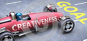 Creativeness helps reaching goals, pictured as a race car with a phrase Creativeness on a track as a metaphor of Creativeness