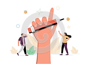 Creativity as writer imagination thinking implementation tiny person concept. Redactor, editor or intelligence art