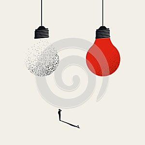 Creativity business vector concept with two lightbulbs and businessman. Symbol of new ideas, innovation.